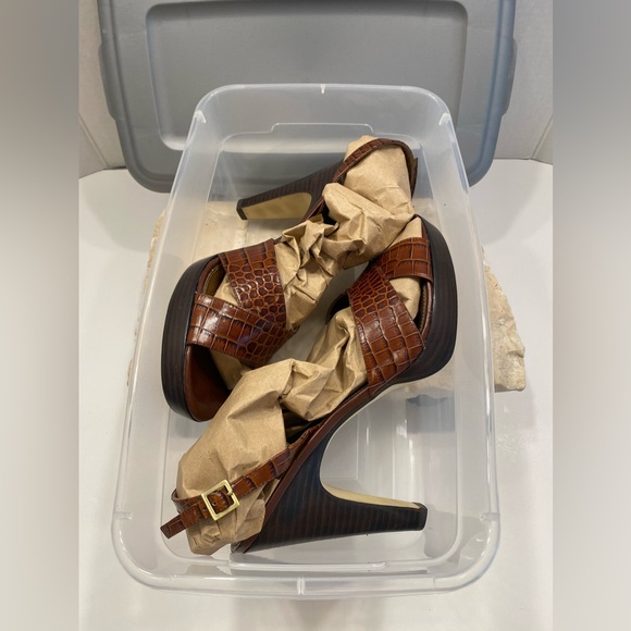 Franco Sarto Viper Brown Leather Platform Slingback Ultra High Heels Sz 10 - Picture 15 of 15